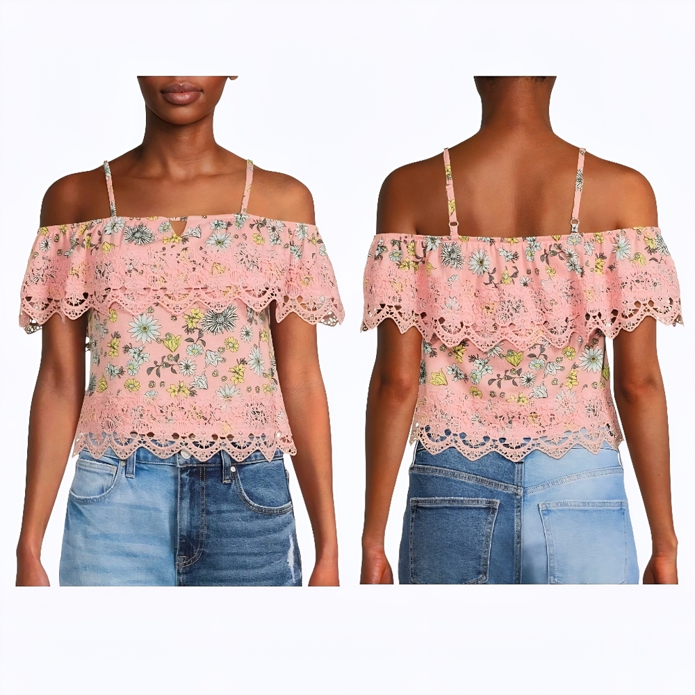 🔵NWOT No Boundaries Pink Floral Print Lace-Line Flutter Sleeve Cropped Cami Med